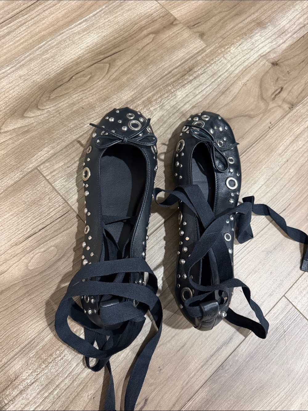 ba&sh Black Leather Grommet Lace-Up Ballet Flats